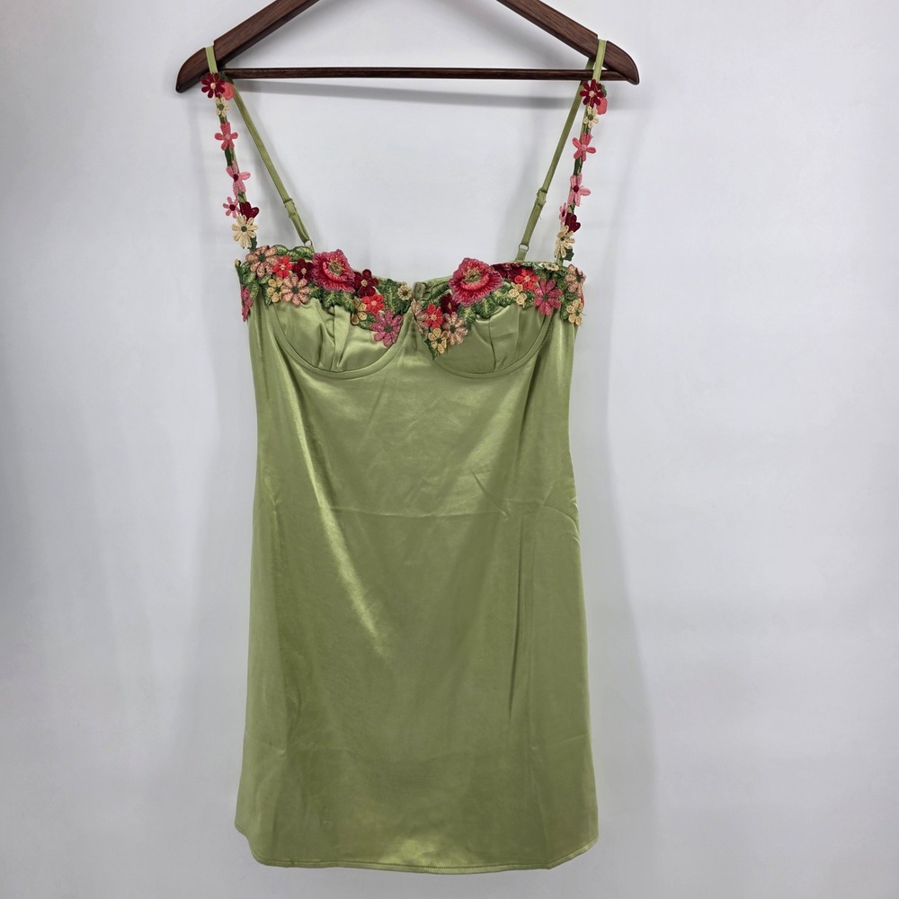 Princess Polly Green Satin Floral Embroidered Bustier Mini Dress Sage US 4 fairy - Picture 2 of 10